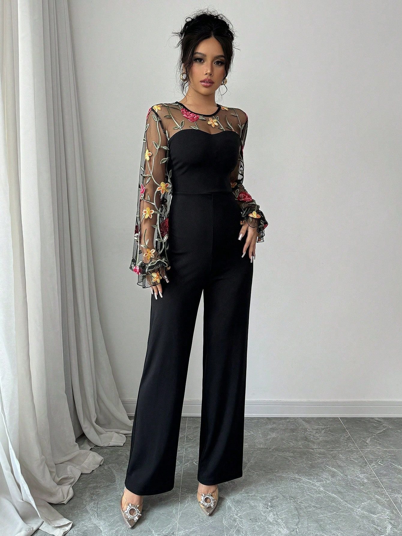 Spring Embroidery Floral jumpsuit Women Mesh long sleeve patchwork one piece set Elegant slim high waist wide leg Romper.