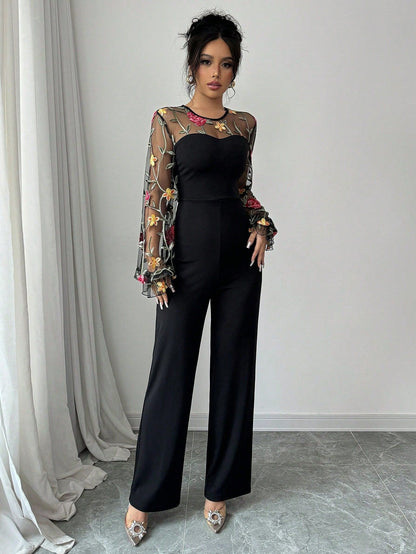 Spring Embroidery Floral jumpsuit Women Mesh long sleeve patchwork one piece set Elegant slim high waist wide leg Romper.
