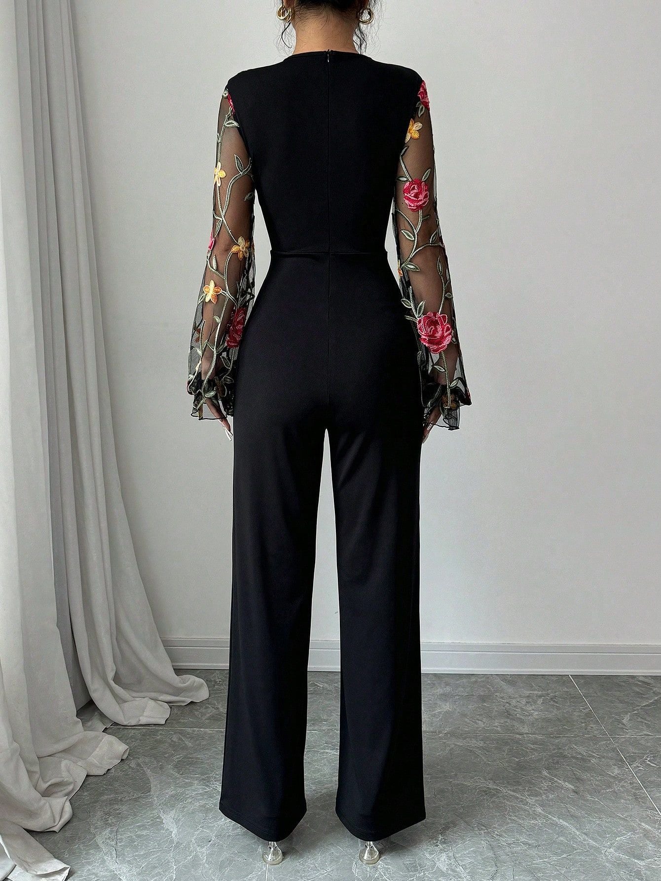 Spring Embroidery Floral jumpsuit Women Mesh long sleeve patchwork one piece set Elegant slim high waist wide leg Romper.