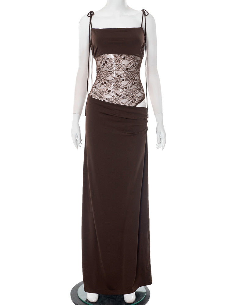 Elegante Spitzen-Maxikleider für Frauen 2022, sexy Spaghettiträger, Patchwork, Feiertage, Partykleid, Sommer, rückenfrei, langes Kleid