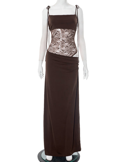 Elegante Spitzen-Maxikleider für Frauen 2022, sexy Spaghettiträger, Patchwork, Feiertage, Partykleid, Sommer, rückenfrei, langes Kleid