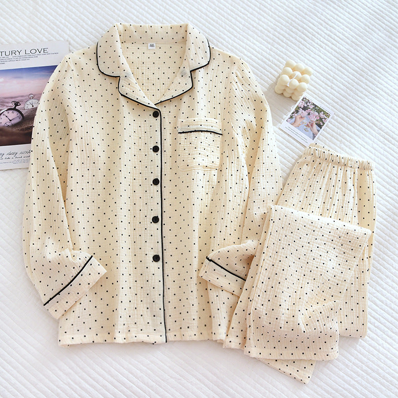 2025 Spring and Autumn New Women's Pajama Set 100%cotton crepe long-sleeved trousers two-piece polka dot cute home wear thin set.
