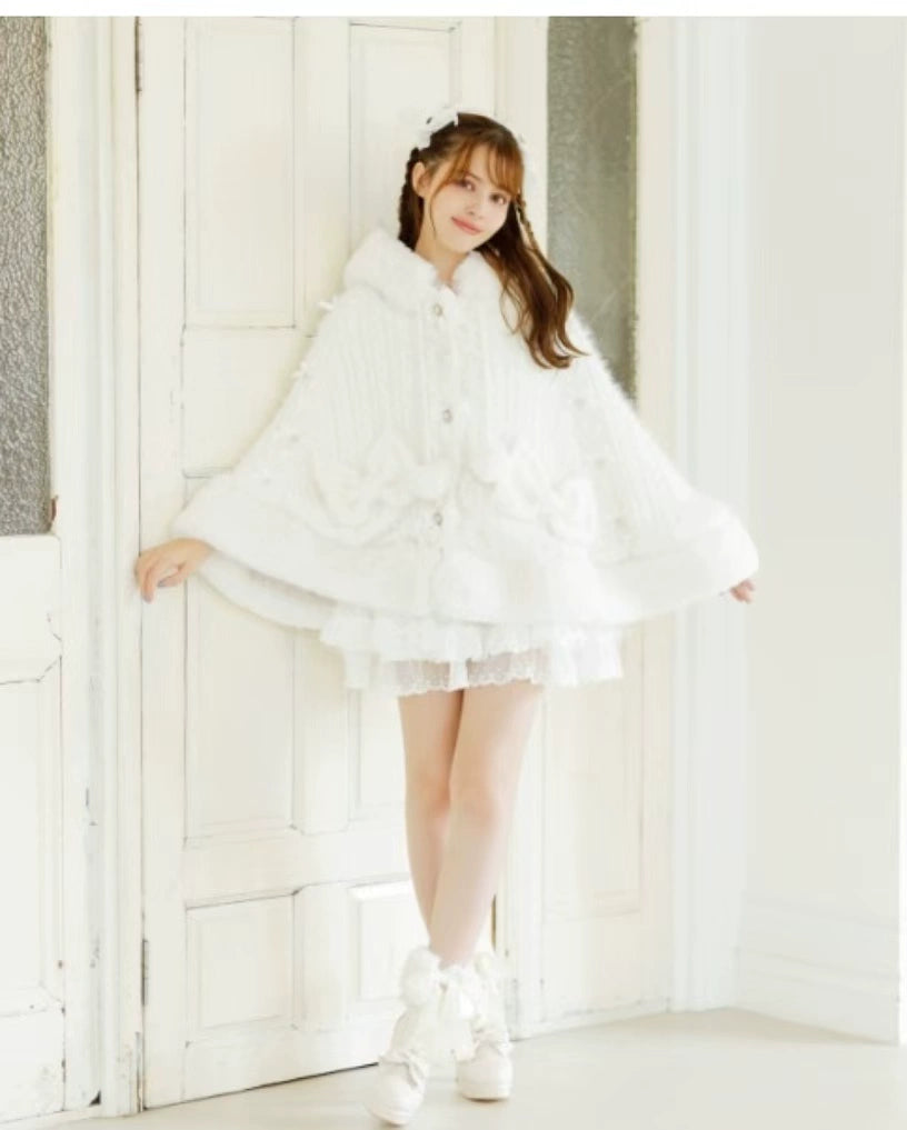 Japanische Liz Süße Prinzessin Faux Kaninchen Fell Cape Mantel Frauen Herbst Winter Pelz Jacke Lose Uhr Strass Bogen Mit Kapuze Mantel