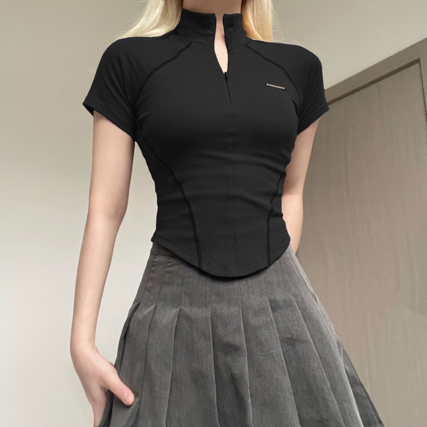 Women's Short Sleeve T-Shirt, Slim, Turn-Down Collar, Preppy Style, Patchwork, Casual, Summer Fashion, Fake 2 Piece, 2024