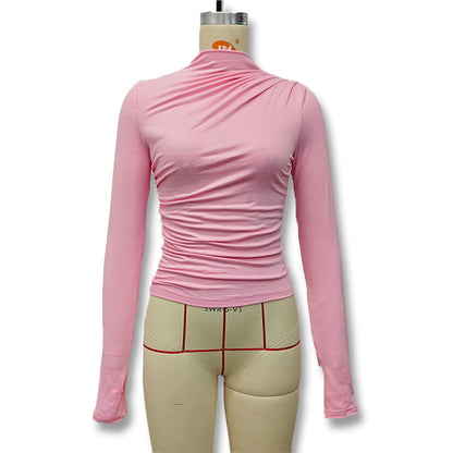 Gtpdpllt Women Tees Sexy Turtleneck Long Sleeve Pleated Basic Women's T-shirts 2025 Spring Autumn Fashion Chic Female Streetwear.