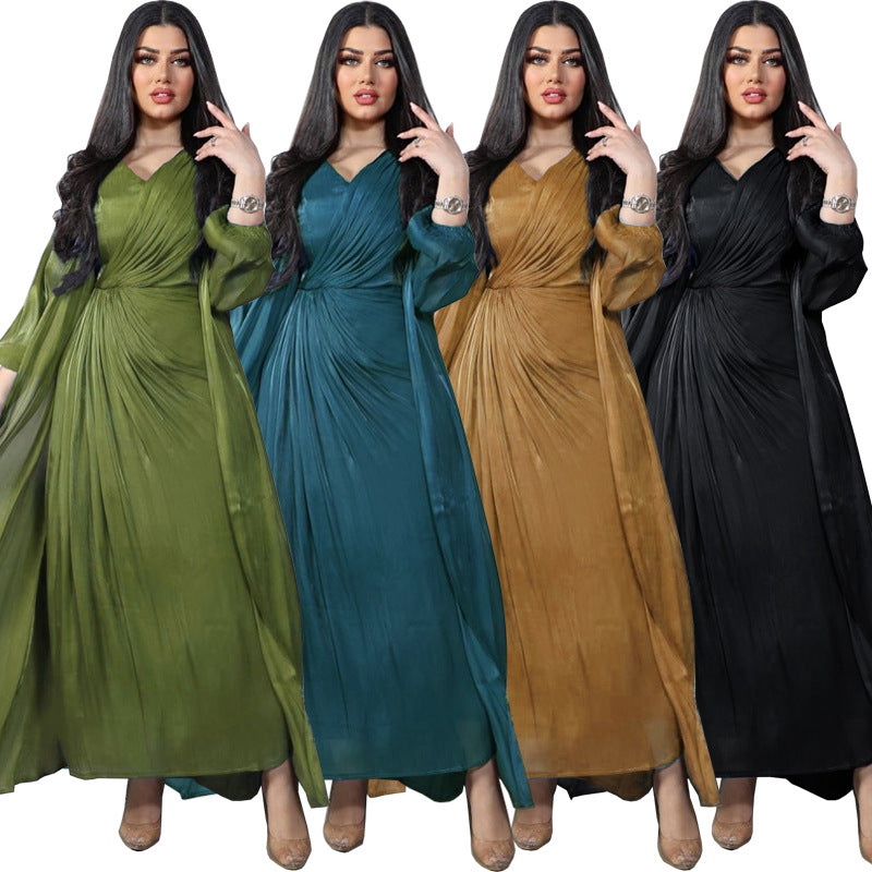 Morocco Party Dress Women Abaya 2 Piece Set Silky Satin Dubai Muslim Dresses Eid Caftan Evening Long Robe Vestidos Abayas Robe.