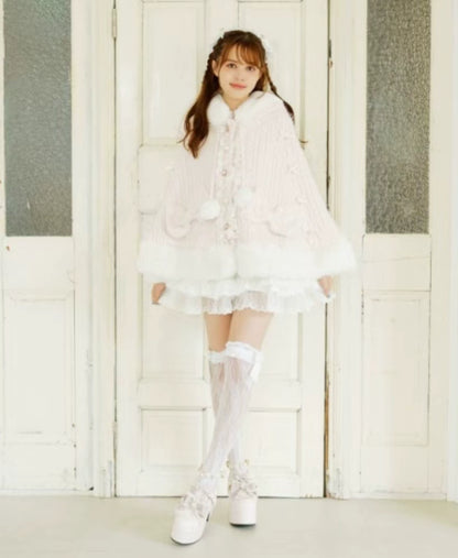 Japanische Liz Süße Prinzessin Faux Kaninchen Fell Cape Mantel Frauen Herbst Winter Pelz Jacke Lose Uhr Strass Bogen Mit Kapuze Mantel