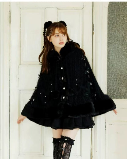 Japanische Liz Süße Prinzessin Faux Kaninchen Fell Cape Mantel Frauen Herbst Winter Pelz Jacke Lose Uhr Strass Bogen Mit Kapuze Mantel