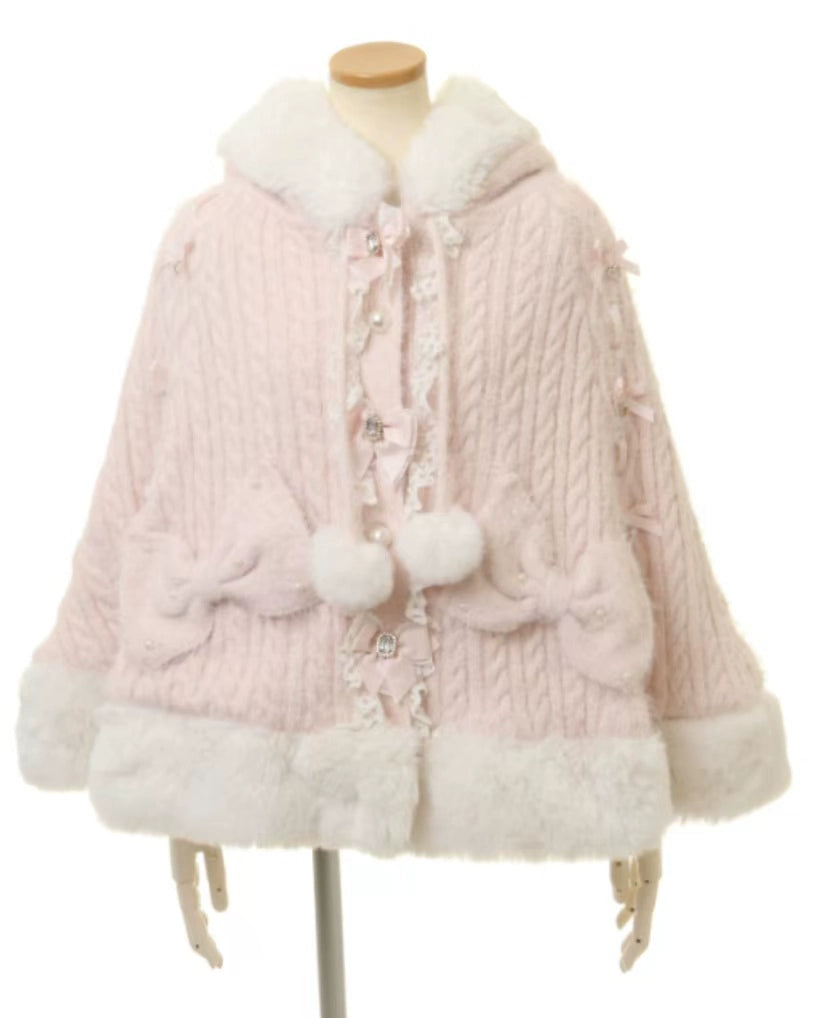Japanische Liz Süße Prinzessin Faux Kaninchen Fell Cape Mantel Frauen Herbst Winter Pelz Jacke Lose Uhr Strass Bogen Mit Kapuze Mantel