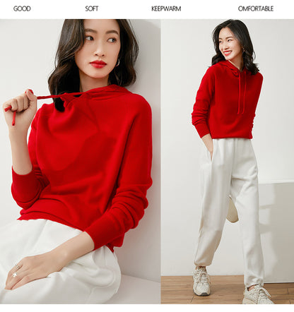 Women's Autumn and Winter New Casual Hoodies Sport Loose Hooded Knitted Hoodie Pullover Sweater.