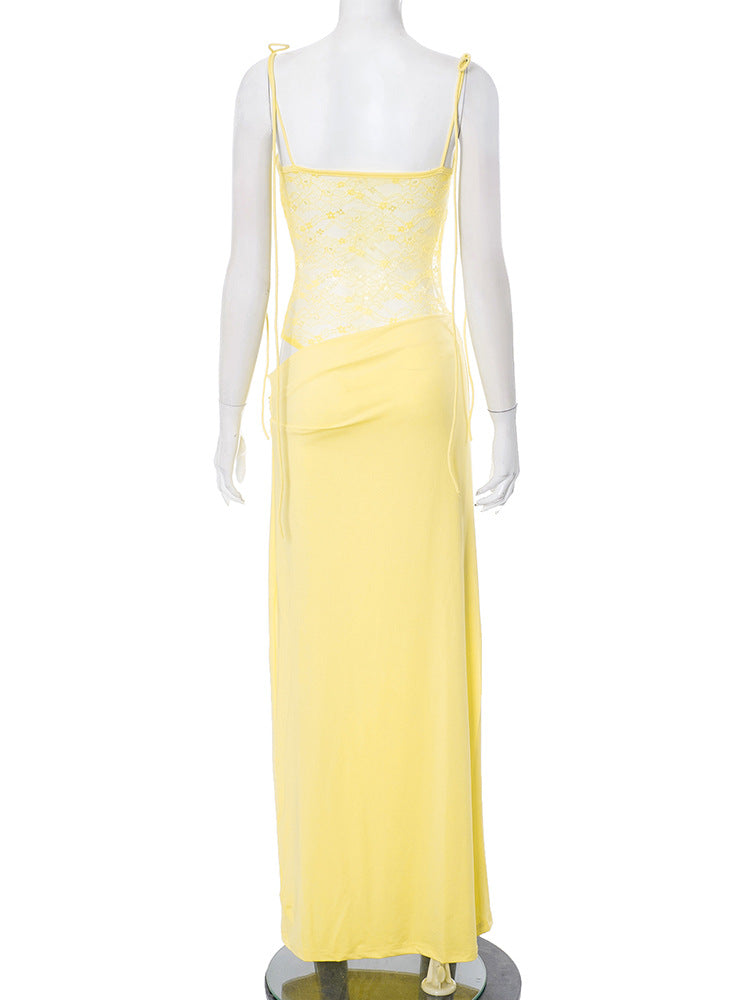 Elegante Spitzen-Maxikleider für Frauen 2022, sexy Spaghettiträger, Patchwork, Feiertage, Partykleid, Sommer, rückenfrei, langes Kleid