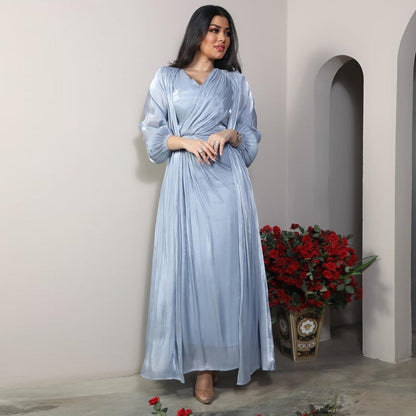 Morocco Party Dress Women Abaya 2 Piece Set Silky Satin Dubai Muslim Dresses Eid Caftan Evening Long Robe Vestidos Abayas Robe