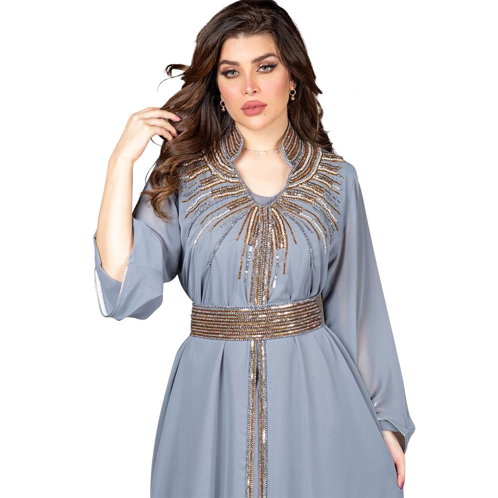 Marokko Party Kleid Frauen Muslimischen Abaya Stehkragen Mode Dubai Abayas Diamant Kaftan Elegante Robe Vestidos Türkei Kleid