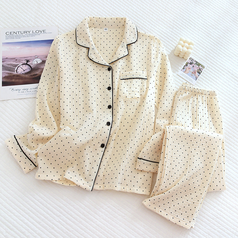 2025 Spring and Autumn New Women's Pajama Set 100%cotton crepe long-sleeved trousers two-piece polka dot cute home wear thin set.