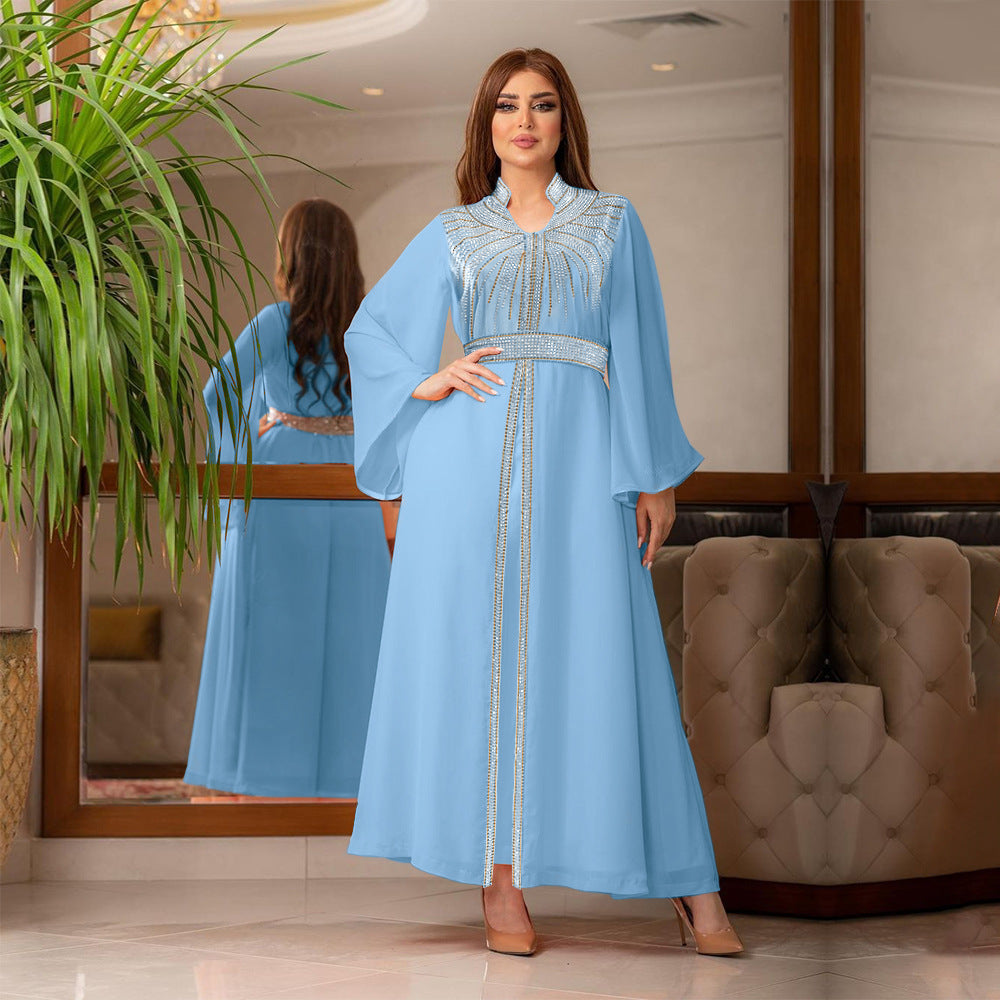 Marok kanis che Kaftan Frauen Mode Diamant mit Gürtel Chiffon Kleid Eid Ramadan arabische Robe Islam Luxus Party muslimische Kleider