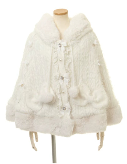 Japanische Liz Süße Prinzessin Faux Kaninchen Fell Cape Mantel Frauen Herbst Winter Pelz Jacke Lose Uhr Strass Bogen Mit Kapuze Mantel