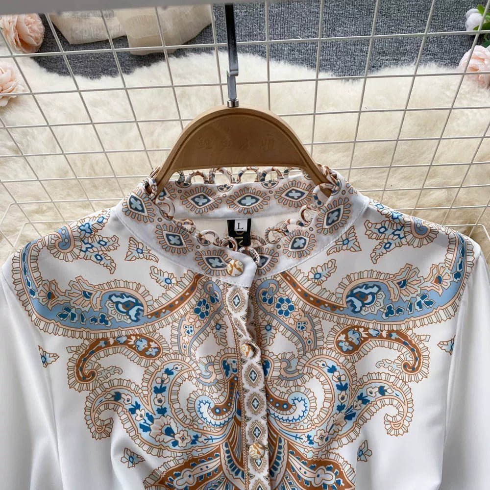 Fall Vintage Stand Collar Casual Midi Dress For Women Flare Sleeve Empire Printed Lace Dress.