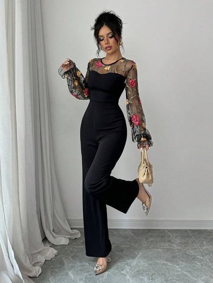 Spring Embroidery Floral jumpsuit Women Mesh long sleeve patchwork one piece set Elegant slim high waist wide leg Romper.