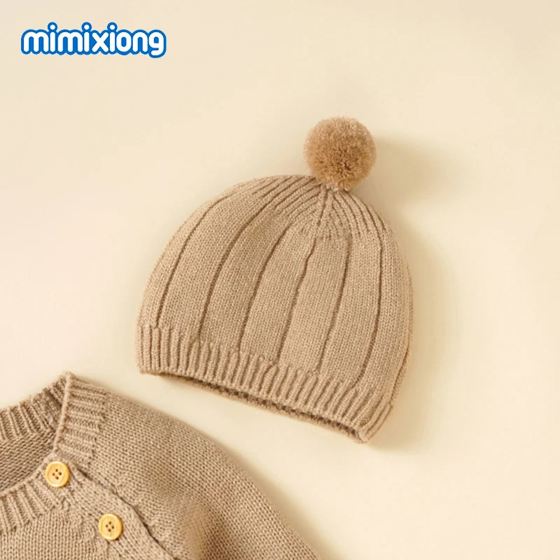 Baby Rompers Knitted Autumn Long Sleeve Newborn Boys Girls Jumpsuits Hats Outfits Sets Winter Solid Infant Netural Overall 0-18m