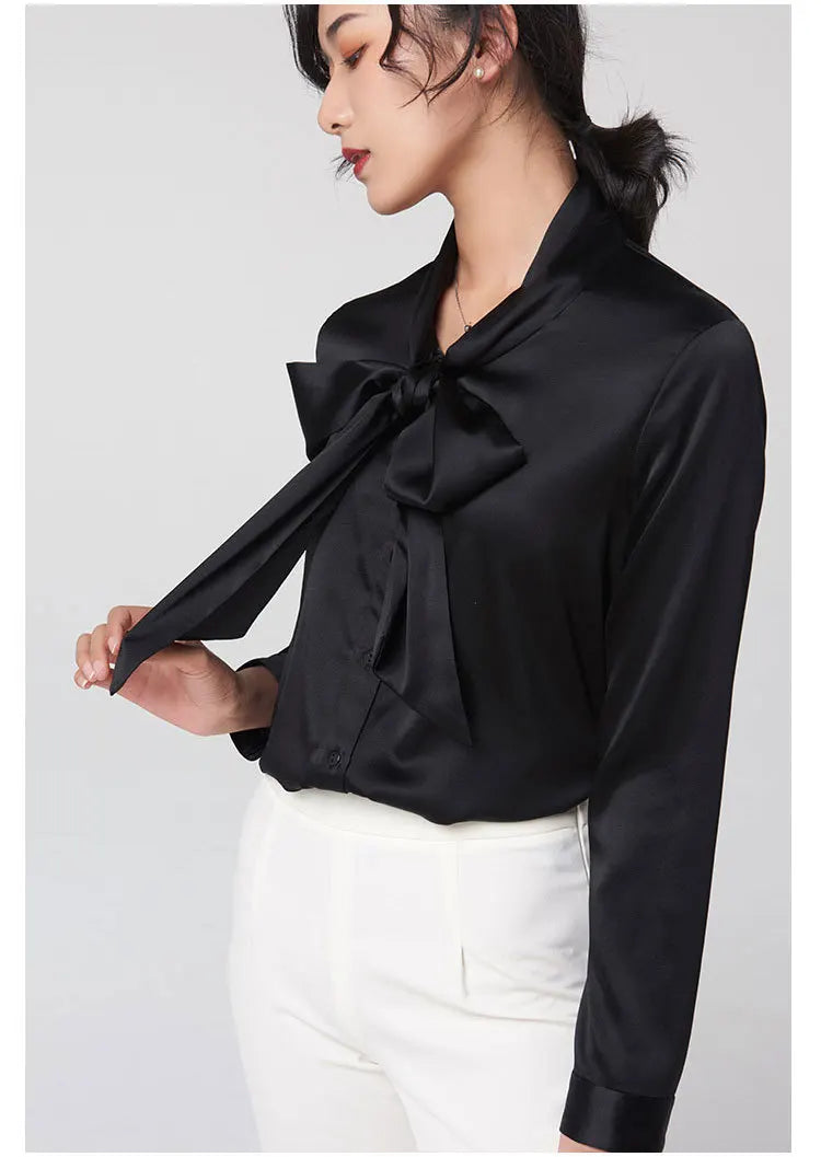 Heavyweight Mulberry Silk Shirt Women's 2025 Spring And Autumn New Long Sleeve Satin Silk Blouse V-neck Bow Ribbon Shirt.