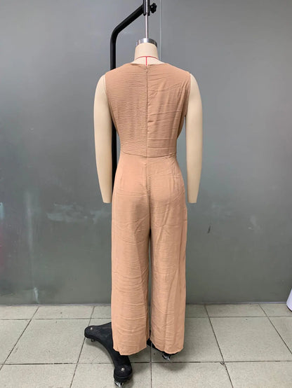 Summer High Waist Lace-up Jumpsuits Women 2025 New Sleeveless V-neck Side Pocket Solid Casual Jumpsuit Office Ladies Rompers.
