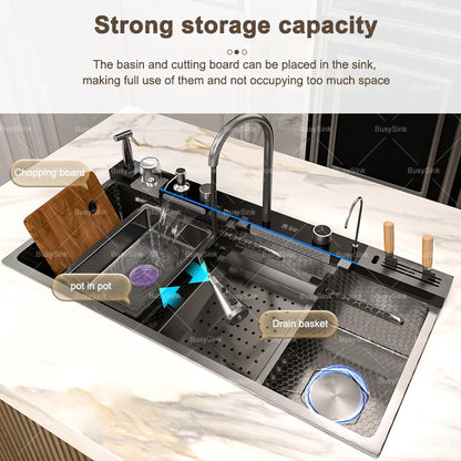 Küchenspüle aus Edelstahl mit Wasserfall, extra große Einzelschüssel, Digitalanzeige, multifunktionale Geschirrspülbecken