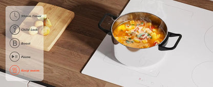 Karinear Induction Hob 4 Zones with Plug, 59CM, 3500W, White Ceramic Glass, Combination Zones, Sliding Controls, 9 Power Levels.