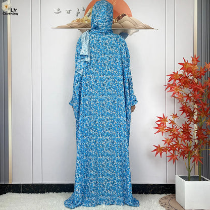 New Muslim Long Sleeved Cotton For Women Ramadan Prayer Turkey Middle East Femme Robe Floral Loose African Abaya Dress Scarfs