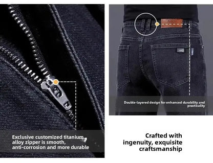 High-End Men's Fleece-Lined Thick Stretchy Straight Leg Jeans 2025 New Style Loose Fit Smoke Grey Trousers for Men.