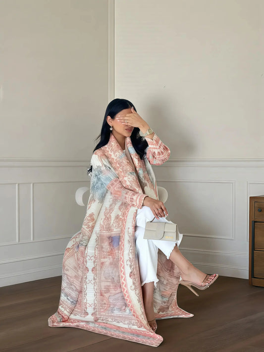 Langer Herbstmantel für Damen, Retro-bedruckt, langärmelig, muslimisches Abaya, Saudi-Mode, faltiger Taillengürtel.