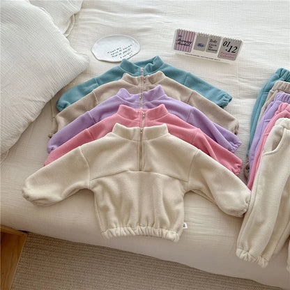 Kids Fleece Warm Set Winter Plus Velvet Outfits Long Sleeved Pullover Tops+Pants 2Pcs Autumn Children's Casual Clothing Suits.