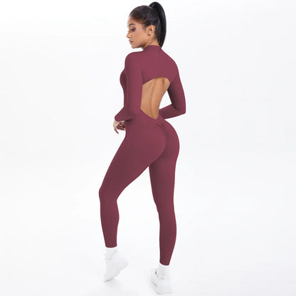 Women's Long Yoga Bodysuit with Half-Zip Sexy Back & Butt Lift for Fitness Running Outdoor Sportswear