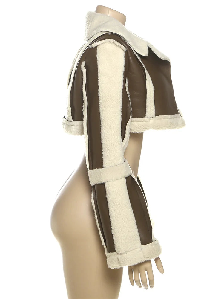 Weird Puss Furry Patchwork Women Crop Jacket Hipster Full Sleeve Open Stitch Hipster Streetwear Warm Outwear Basic Wild Coat.