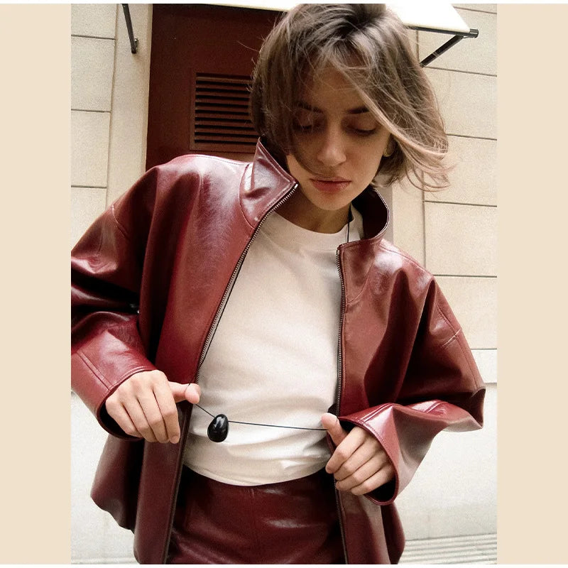 Chic Stand Collar Leather Long Skirt Sets Women Long Sleeve Jackets Spliced Solid Skirts 2025 Autumn Lady Y2k Outfits dress.