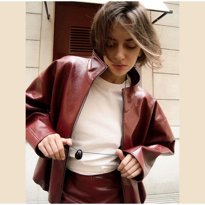 Chic Stand Collar Leather Long Skirt Sets Women Long Sleeve Jackets Spliced Solid Skirts 2025 Autumn Lady Y2k Outfits dress.