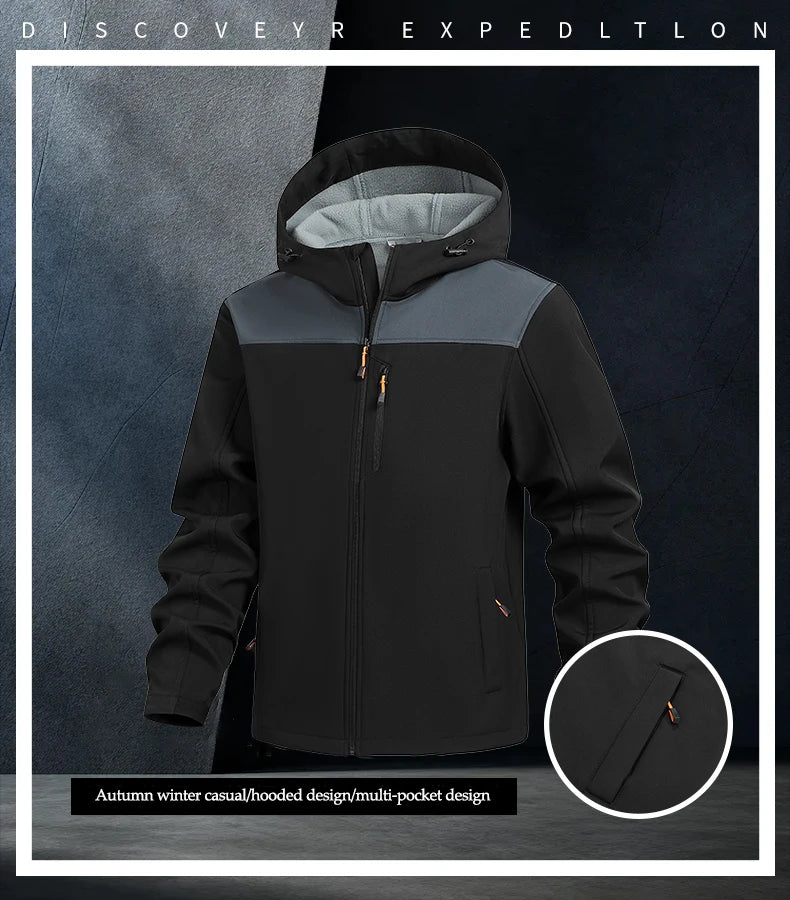 Jacket Coat Winter Soft Case Male Outdoor Sports Hooded Coat Multi-pocket Inside Fleece Casual Waterproof Windproof Sport Jacket.