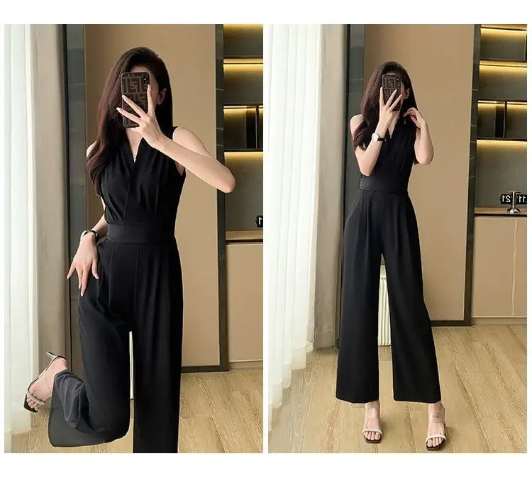 Women's Wide Leg Jumpsuit Pants 2025 Summer New Casual Straight Tube Sports Overalls V-neck Sleeveless Bodysuit For Women Romper
