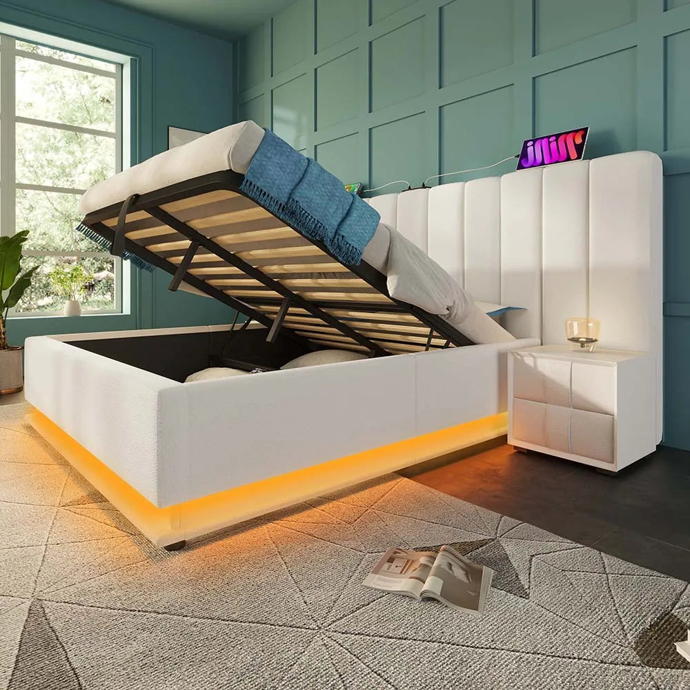 KOMHTOM Polsterbett, Stauraumbett mit LED und USB-C Ladefunktion, PU (Ohne Matratze und Nachttisch)