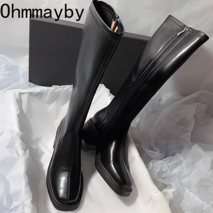 Vintage Thick Heel Women Knee High Boots Fashion Side Zippers Shoes Autumn Winter Ladies Concise Long Botas De Mujer.