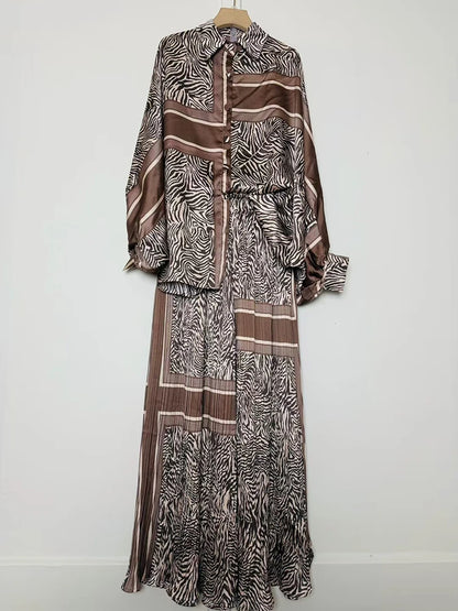 Designer's retro geometric print loose shirt two-piece set for Spring 2025 women's wear + pleated wide-leg pants fashion set.