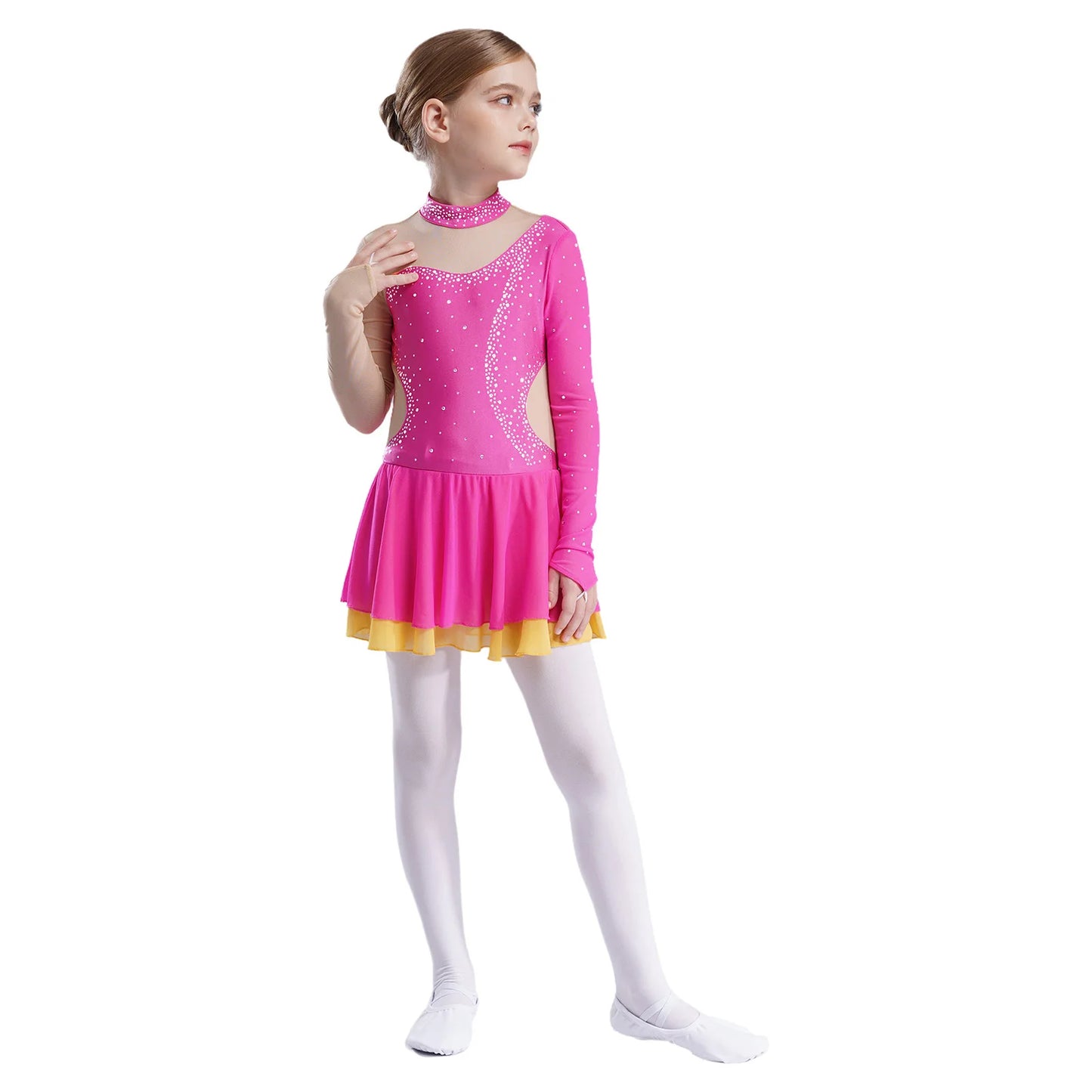Kinder Mädchen Eiskunstlauf Kleid Lyrical Ballett Tanz Rhythmische Gymnastik Leistung Kostüm Langarm Strass Trikot.
