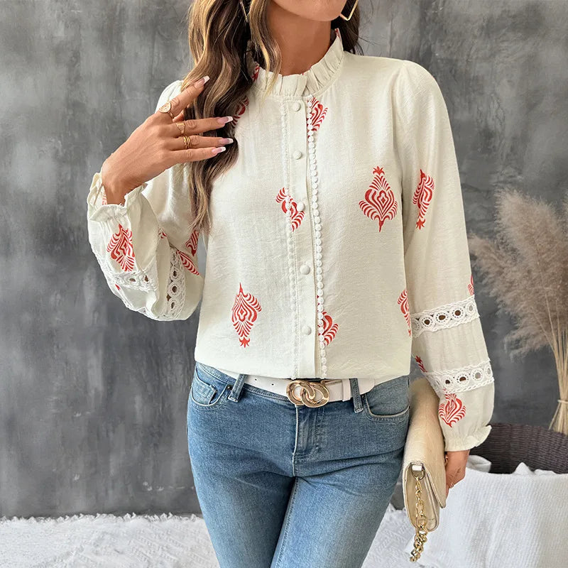 Women's Printed Casual Trendy Stand Collar Single-breasted Loose Shirts European New Fashion Female Ethnic Clothes Tops Cardigan.