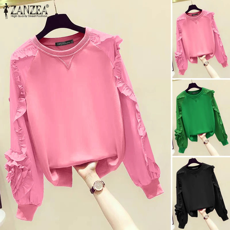 ZANZEA Plus Größe Frauen Solide Sweatshirts Herbst Rüschen Nähte Tops Vintage Oansatz Lässige Mode Lange Puff Sleeve Pullover.