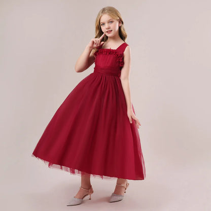 Mädchen Partykleider Weiß Langes Hochzeit Brautjungfer Prinzessin Kleid Abend Tüllkleid Abschlussball Klavier Performance Kleid.