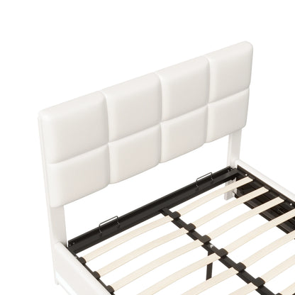 Comanlai Polsterbett 140 x 200 cm mit LED-Leuchten, hydraulisches Bett mit Stauraum, Doppelbett mit Lattenrost, Kunstleder, weiß