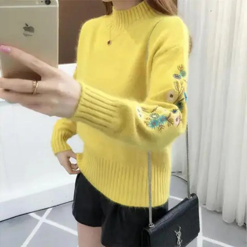 Herbst Winter 2025, neue bestickte Ärmel mit langen Ärmeln, Strickpullover, Damenbekleidung, Vintage-Allgleiches, O-Ausschnitt, lose Pullover.