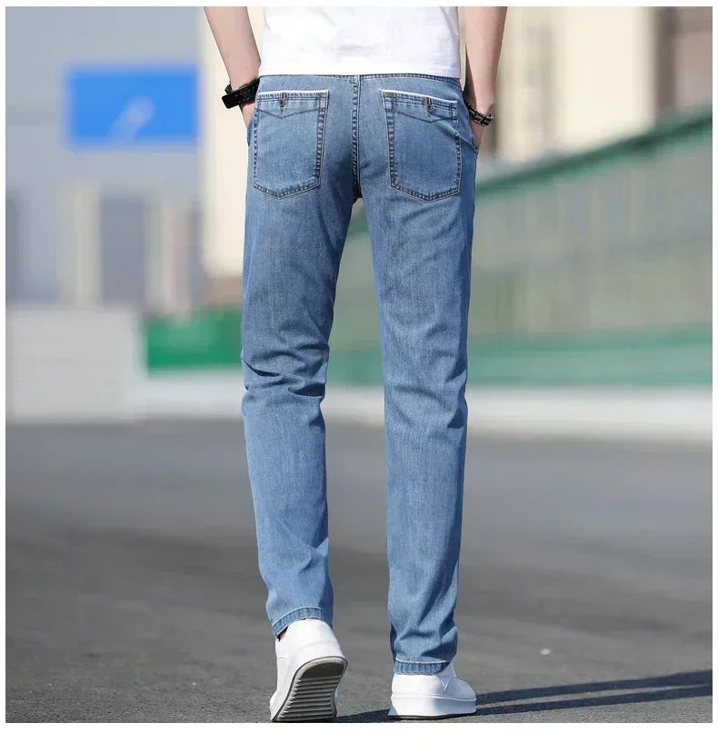 Thin Men's Baggy Soft Casual Jeans Gray Summer Fashion Versatile Comfortable Stretch Straight Casual Jeans Light Blue Male.