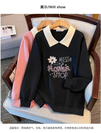 175kg plus size Damen büste Frühling Herbst lose Kragen bedruckt Langarm Sweatshirt schwarz rosa 4xl 5xl 6xl 7xl 8xl 9xl.