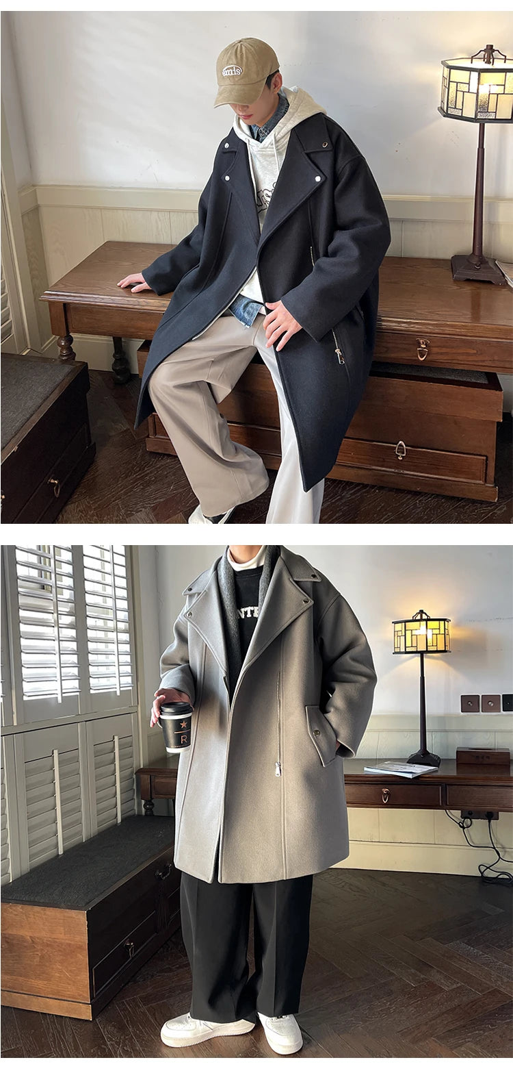 Winter Fashion Woolen Dust Coats Men Zipper Decor High Quality Korean Style Loose Casual Windbreaker Men's Thick Warm Trenchcoat.