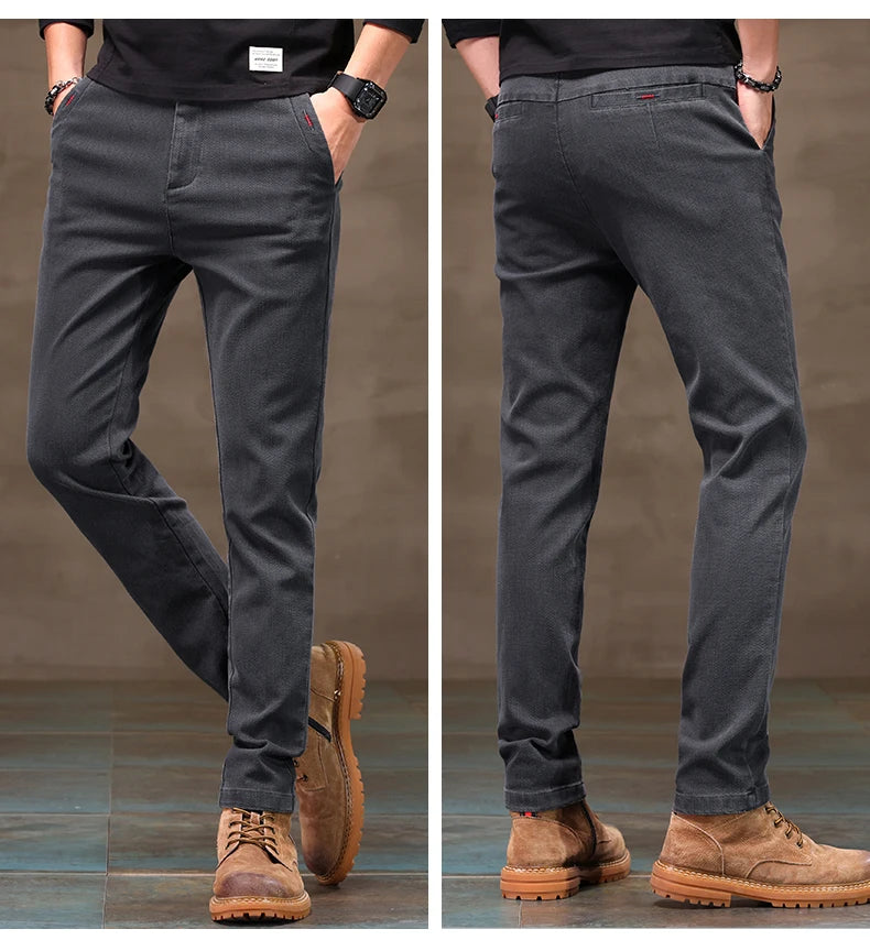 Men's Business Casual Pants Stretch Slim Fit Straight Semi-elastic Waist Trousers Solid Classic Office Work Male Clothing.